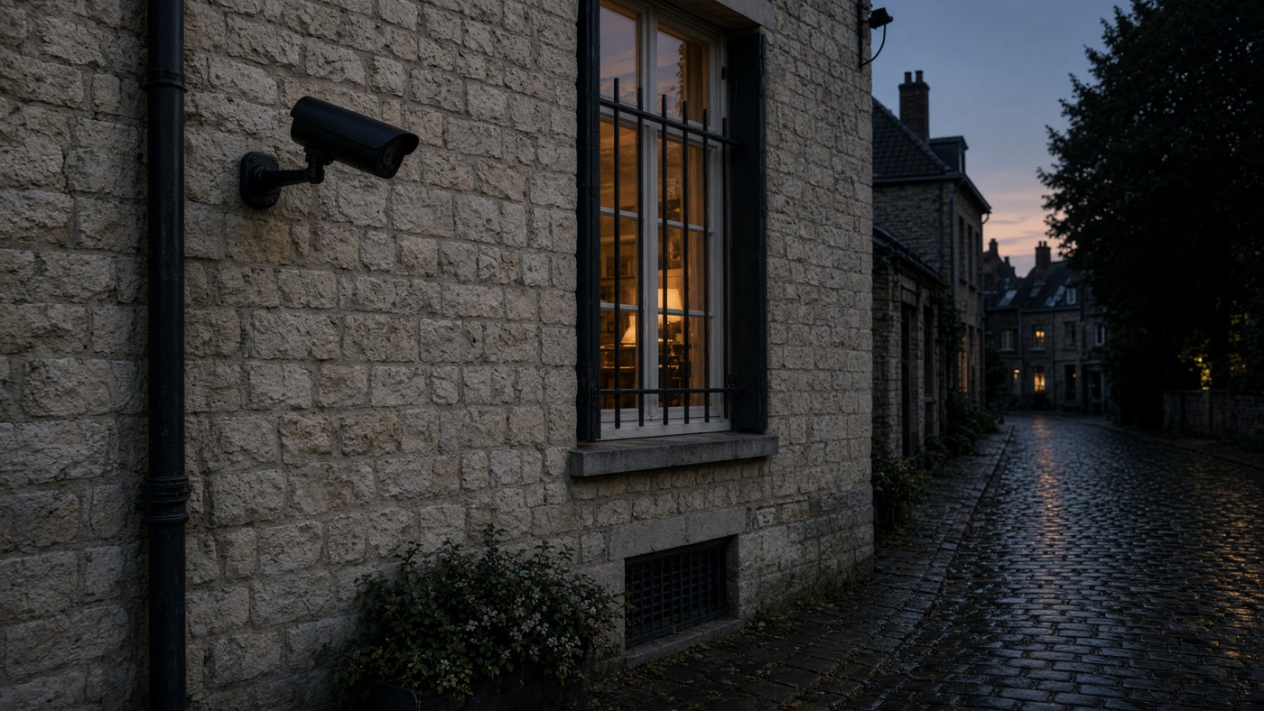Caméra IP discrète sur une façade en pierre belge, au crépuscule.