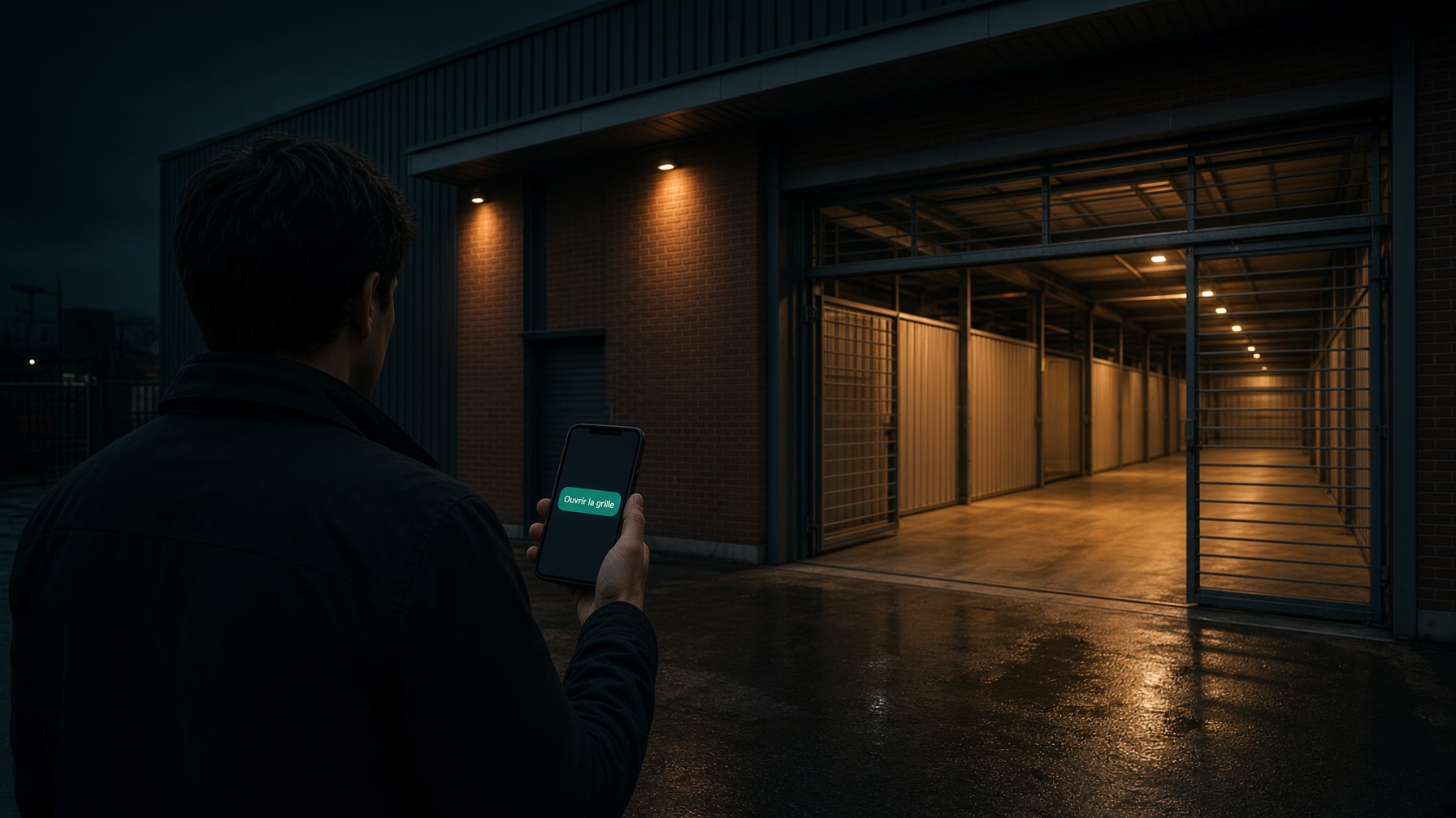 Exemple : entrée d’entrepôt la nuit, ouverture depuis l’iPhone, aucun accueil.