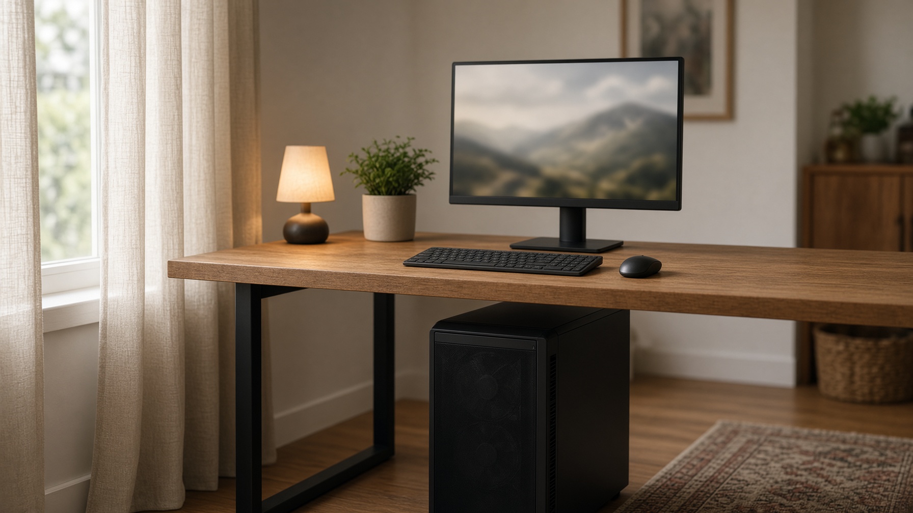 PC de bureau à la maison : écran, clavier, tour sur un bureau en bois.