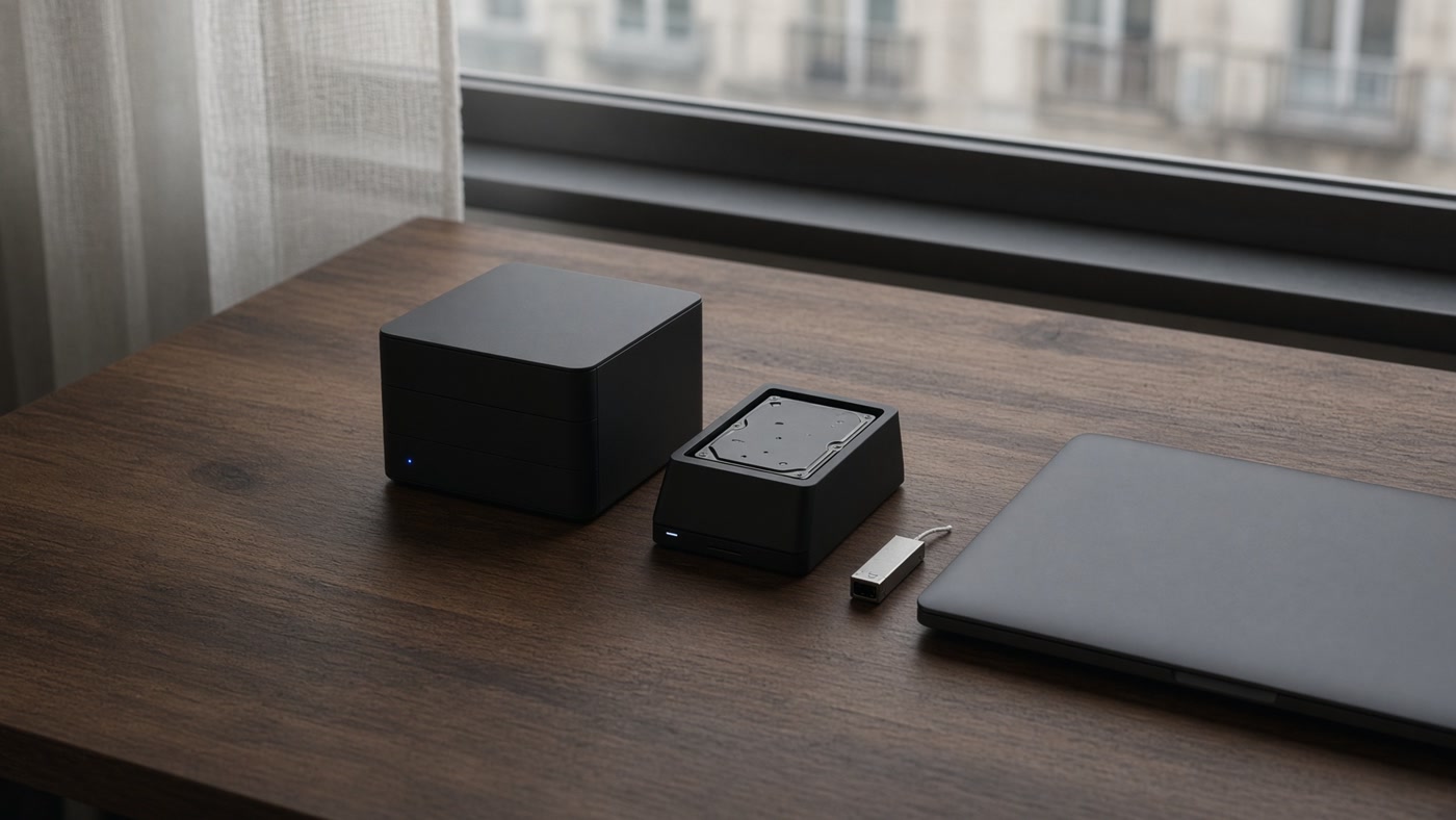 NAS et disques de sauvegarde sur un bureau, lumière d’atelier.